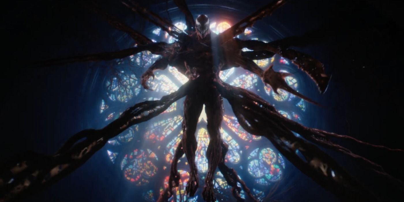 Carnage in front of a stained glass window in a church in Venom: Let There Be Carnage.