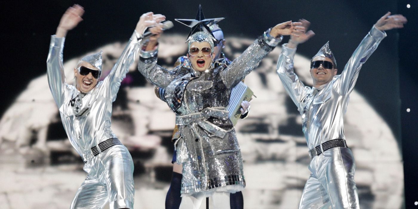 Image displays the shiny silver outfits worn by Verka serduchka during the Eurovision Song Contest Final. 