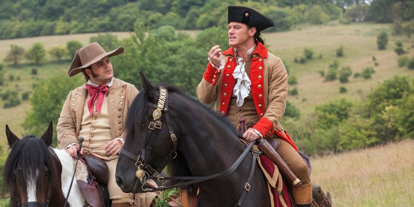 Josh Gad and Luke Evans as Lefou and Gaston in Beauty and the Beast.