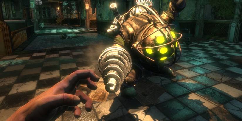 A large robot attacking someone in BioShock
