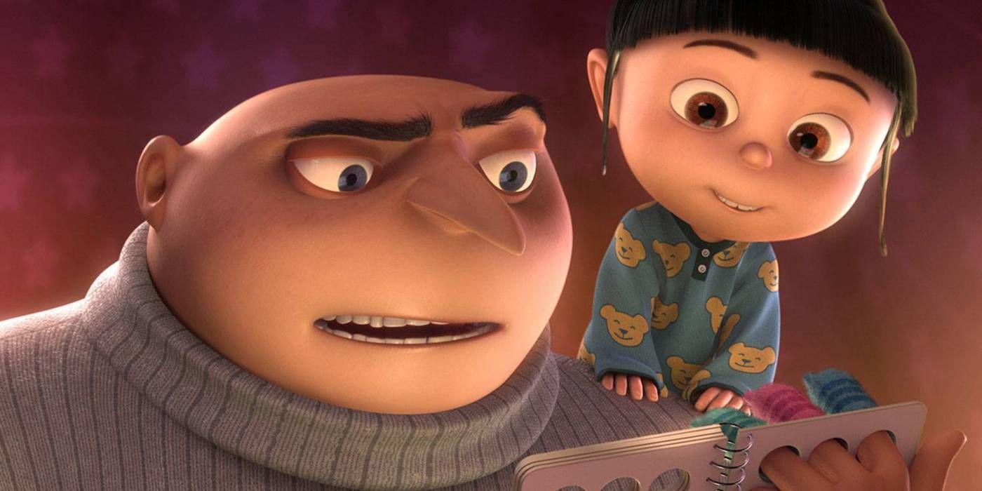 Gru (con la voz de Steve Carell) le lee un libro a Agnes (con la voz de Elsie Fisher) en Despicable Me.