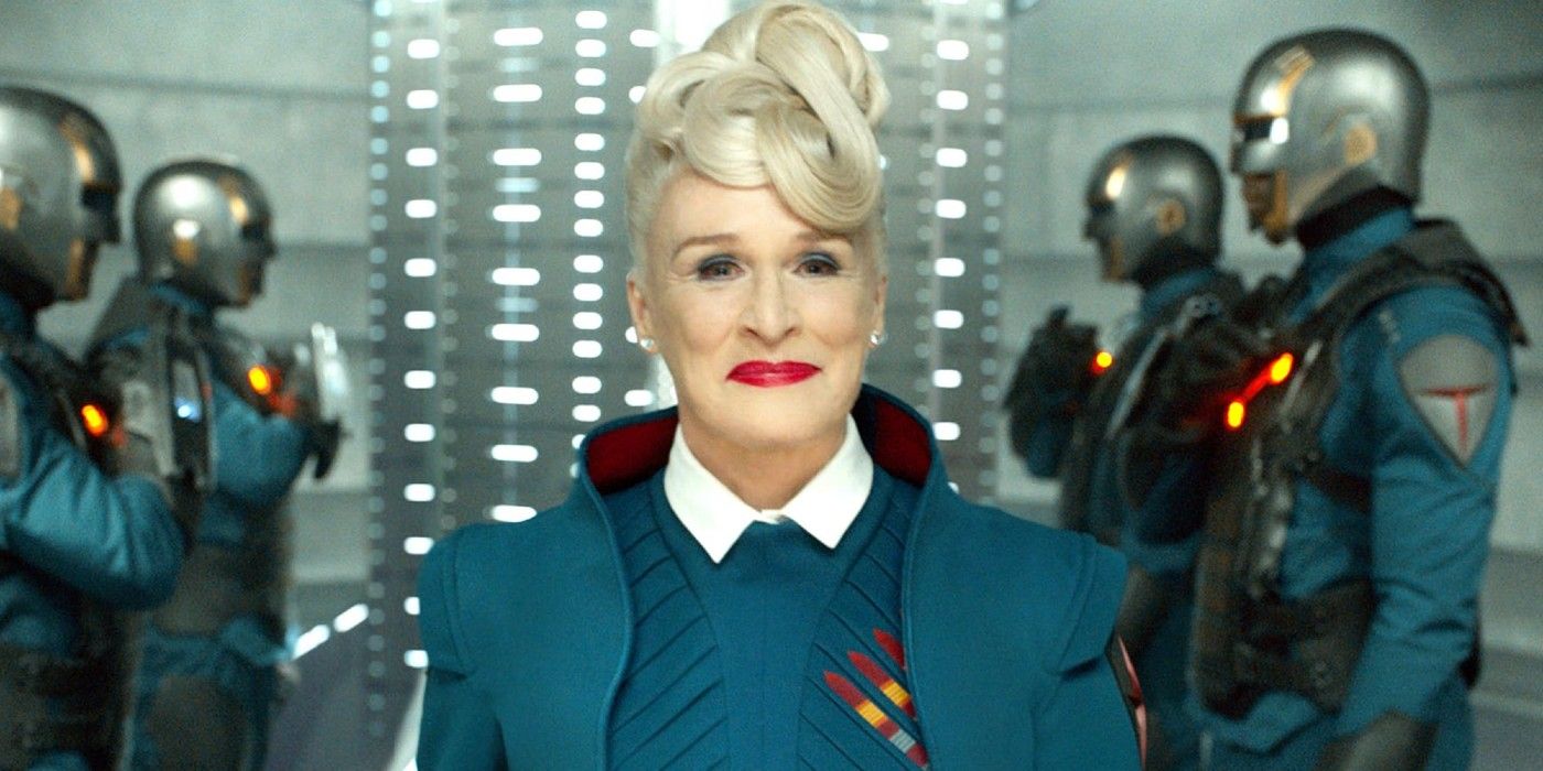 Glenn Close in Guardians of the Galaxy flanked by space guards