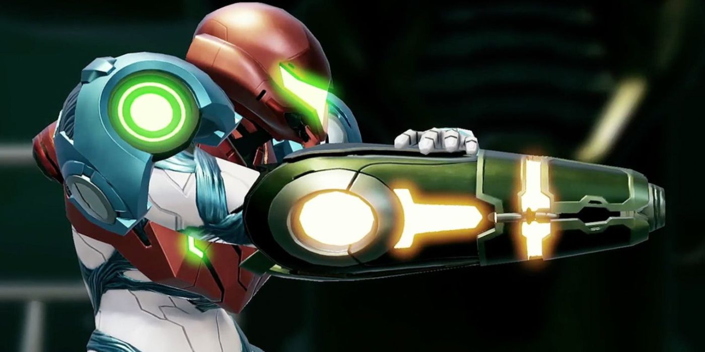Samus aiming her cannon at something off-camera in Metroid Dread.