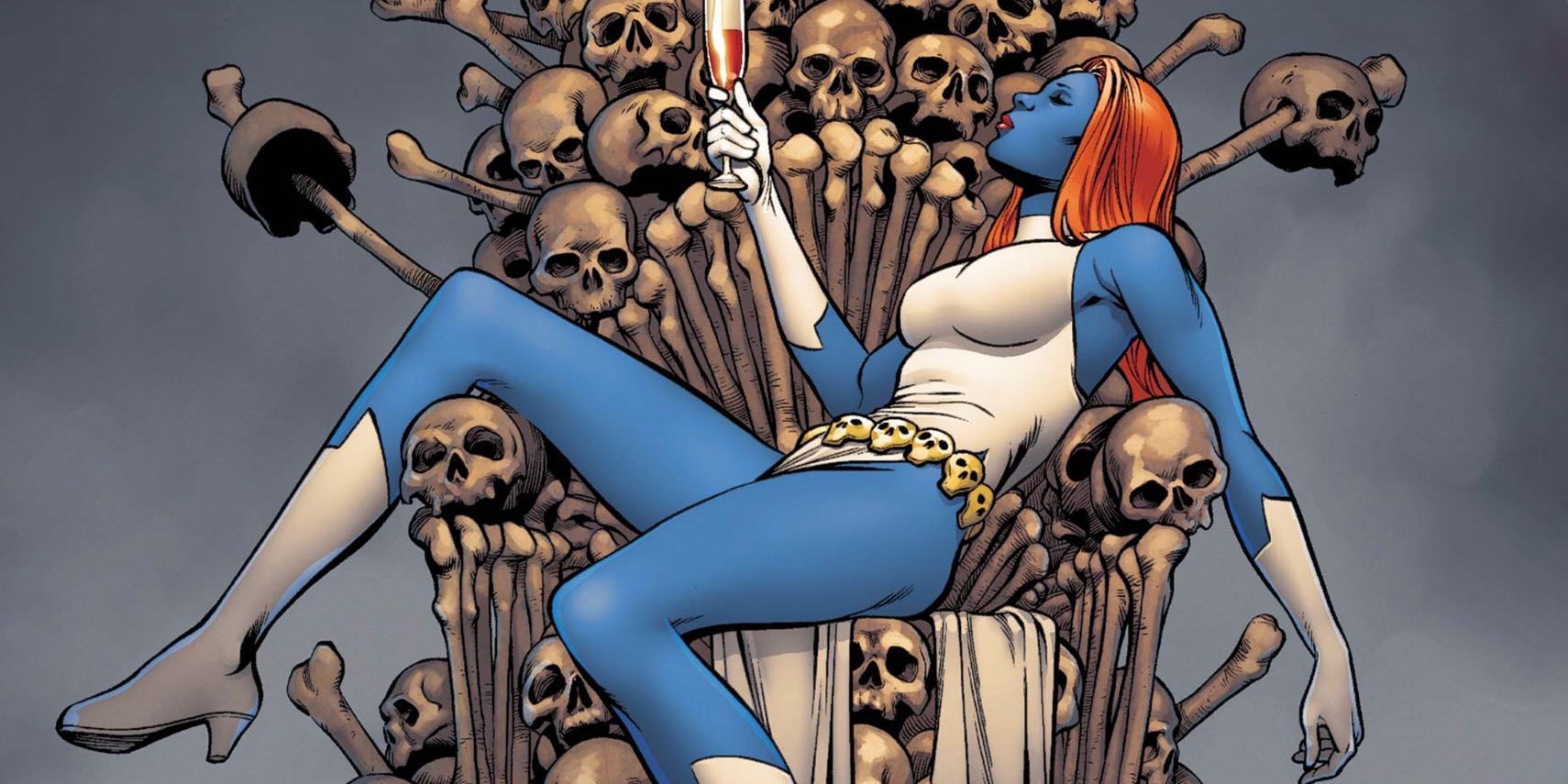 Animated Mystique on a throne of skulls