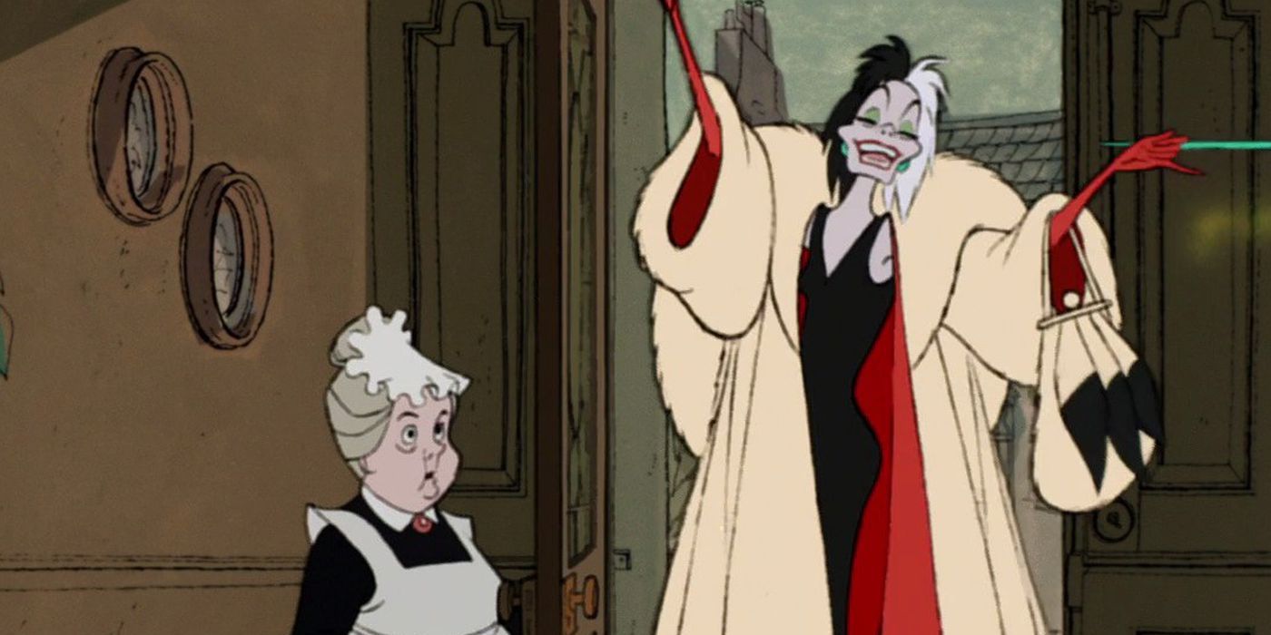 Cruella de Vil entering a home while raising her arms in 101 Dalmatians.