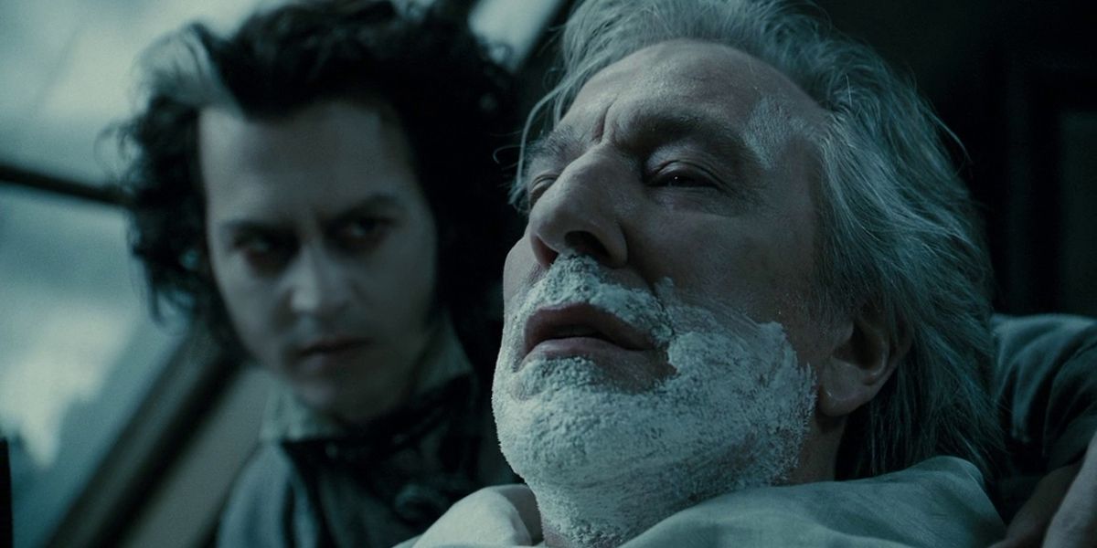 Johnny Depp and Alan Rickman as Sweeney Todd and Judge Turpin in Sweeney Todd: The Demon Barber of Fleet Street.