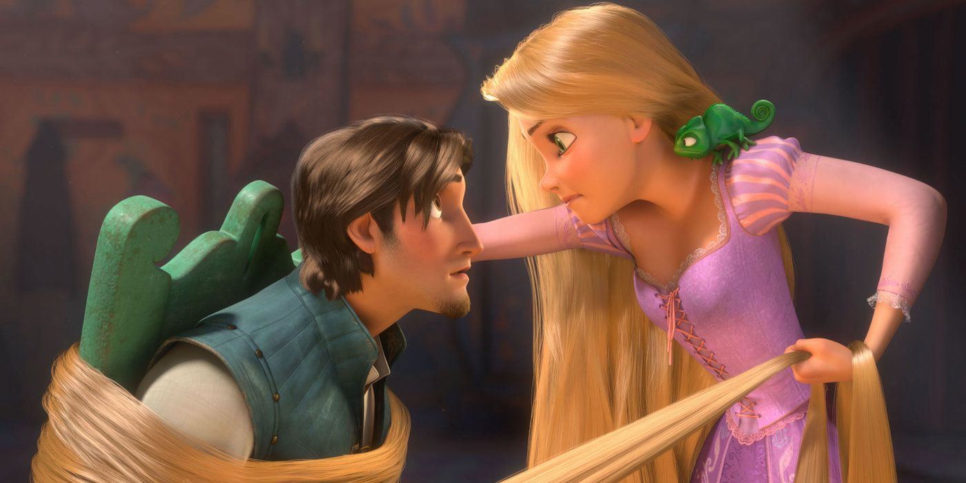 Rapunzel using her hair to trap Flynn Rider in 'Tangled'