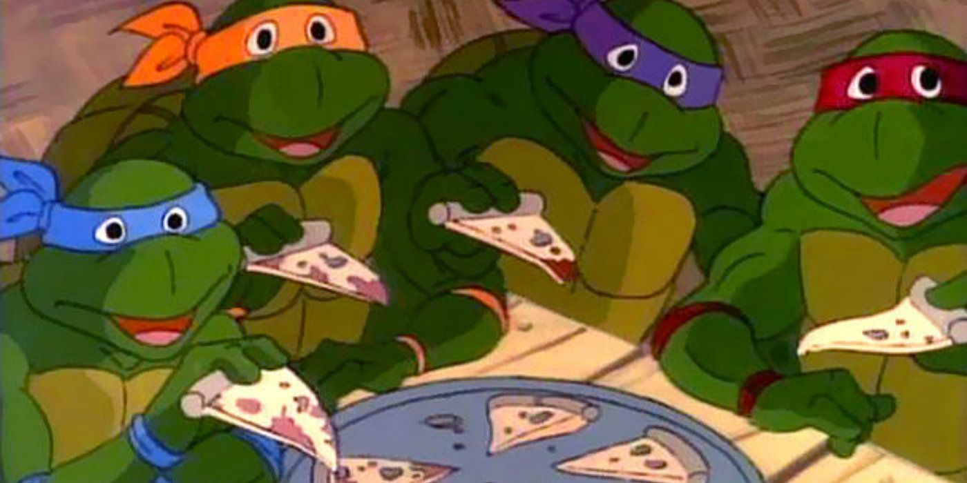 The Teenage Mutant Ninja Turtles eating pizza in the 1987 animated series