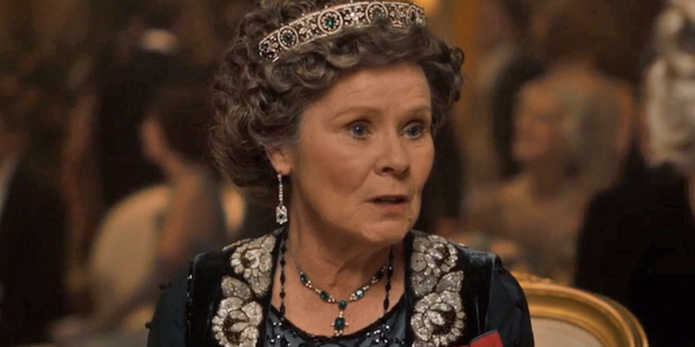 Imelda Staunton as Maud Bagshaw, wearing an extravagant dress and tiara in Downton Abbey