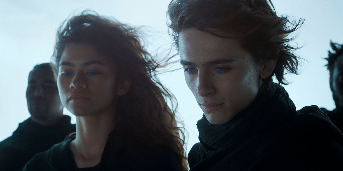 Timothee Chalamet as Paul Atriedes and Zendaya as Chani standing side by side in Dune