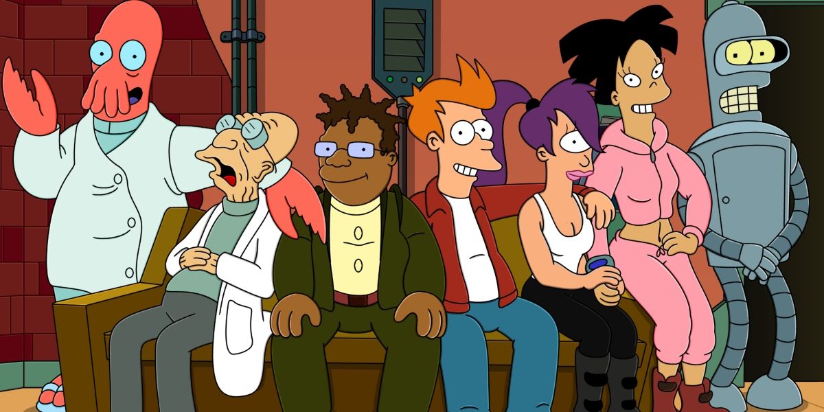 The main cast of Futurama sitting on a couch together