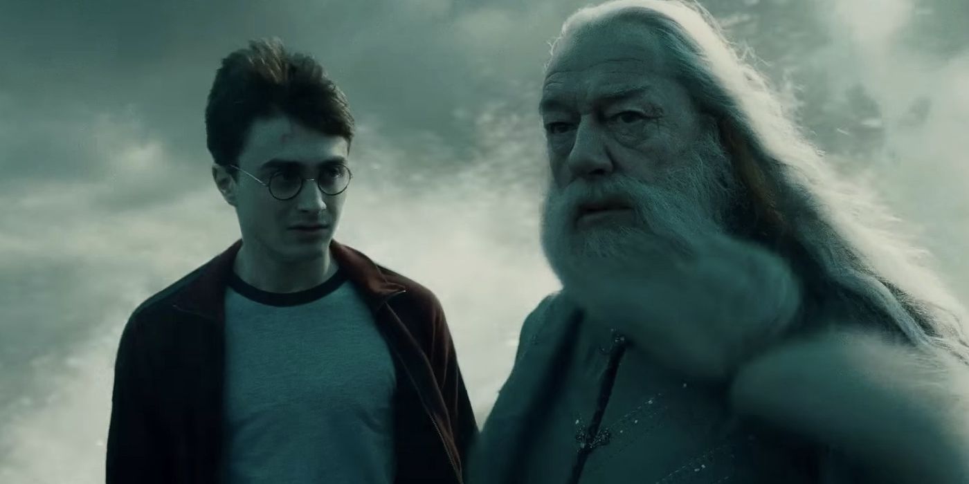 Harry et Dumbledore avec le vent soufflant sur leur visage dans Harry Potter et le Prince de Sang-Mêlé.