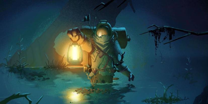 A man in a space suit in a pond holding a lamp in outer-wilds-echoes-of-the-eye