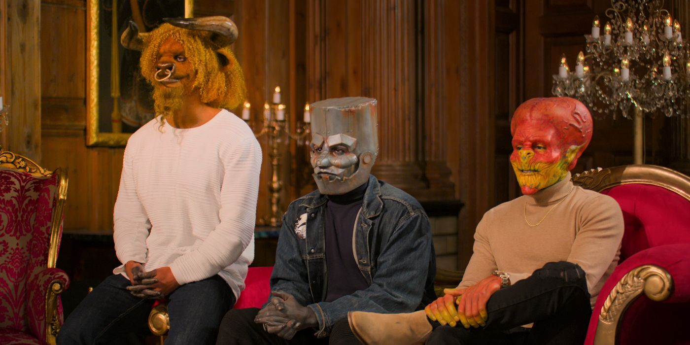 3 Characters from Sexy beasts dressed as animals sit in a fancy room