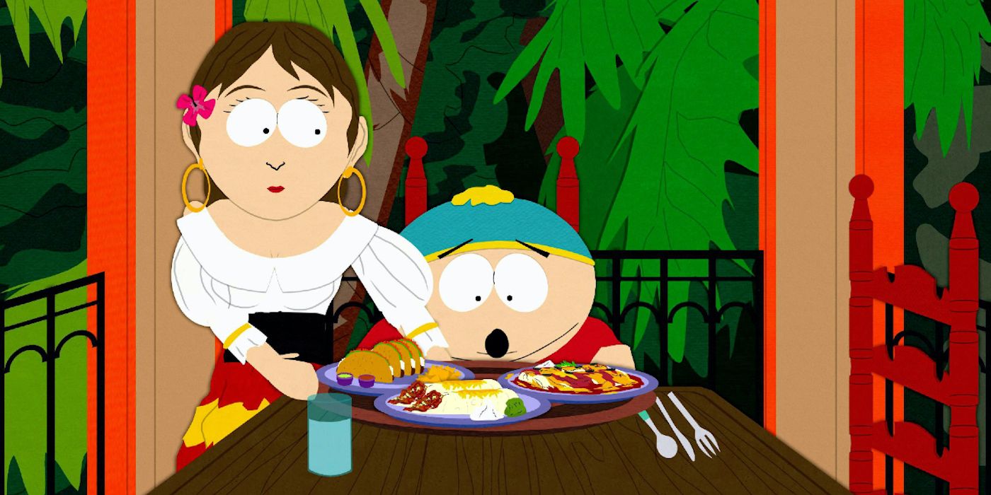 Eric Cartman sits looking amazed as a waitress serves him food in Casa Bonita.