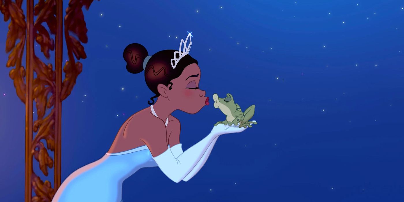 Tiana about to kiss frog Naveen in The Princess and the Frog