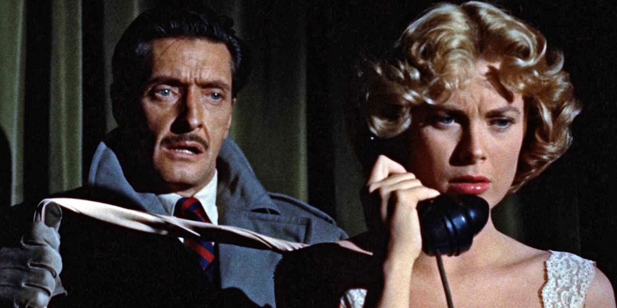 Grace Kelly as Margot talking on the phone while Anthony Dawson as Charles stands behind her in 'Dial M for Murder'?