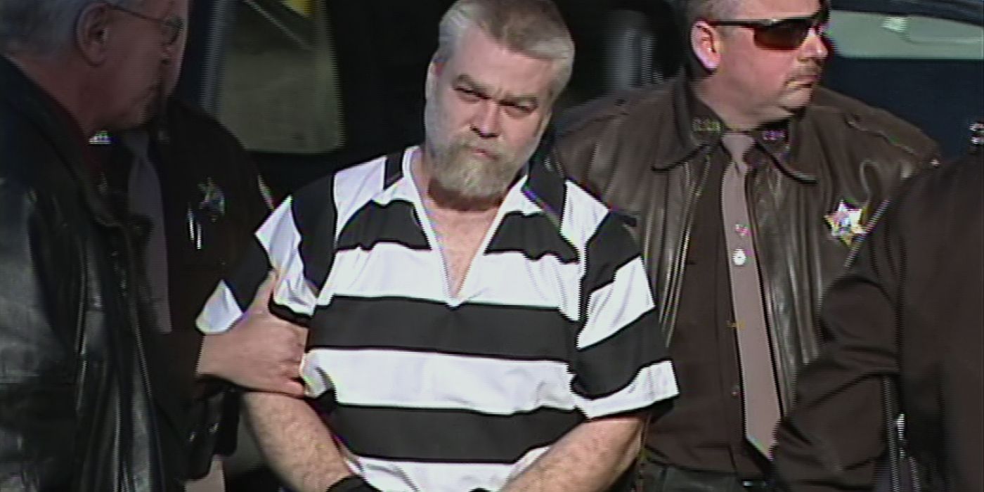 Steven Avery in a prison uniform being walked into jail in a scene from Making a Murderer.