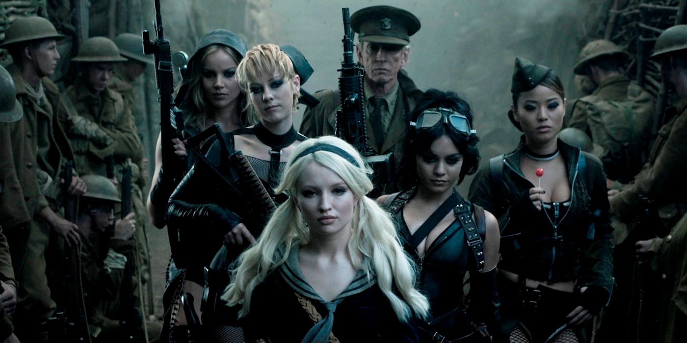 Emily Browning, Abbie Cornish, Jena Malone, Vanessa Hudgens, Jamie Chung, and Scott Glenn walking through trenches surrounded by soldiers in Sucker Punch