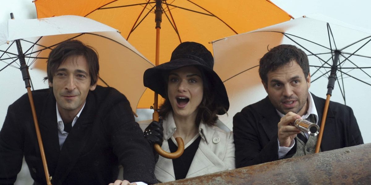 Adrien Brody as Bloom Bloom, Rachel Weisz as Penelope Stamp, and Mark Ruffalo as Stephen Bloom in The Brothers Bloom