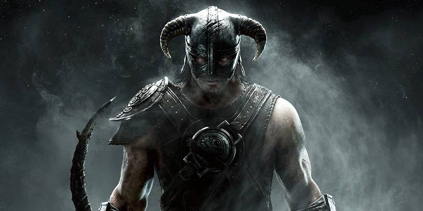 A warrior with a horned helmet in The Elder Scrolls V: Skyrim