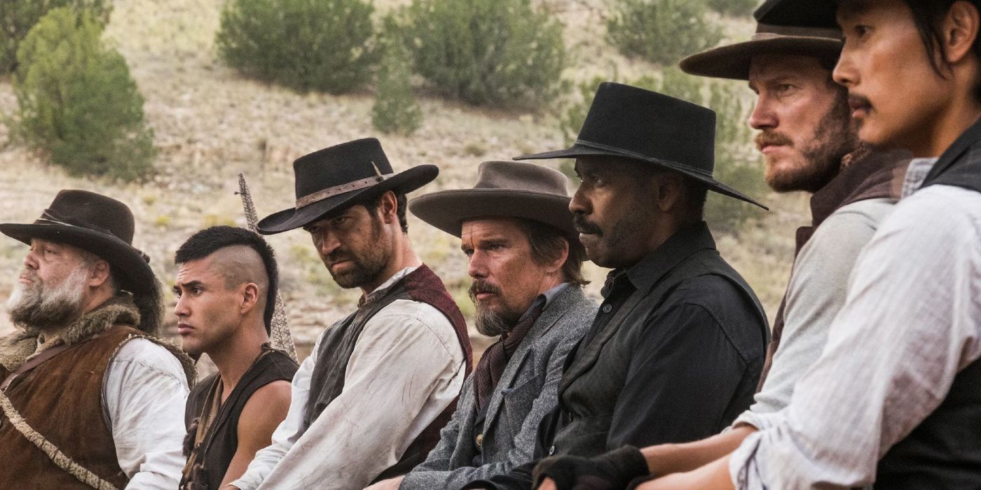 Seven cowboys in line looking ahead in The Magnificent Seven