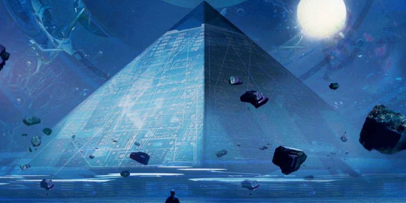 Uma pirâmide com pedras flutuando ao seu redor na capa da Trilogia.