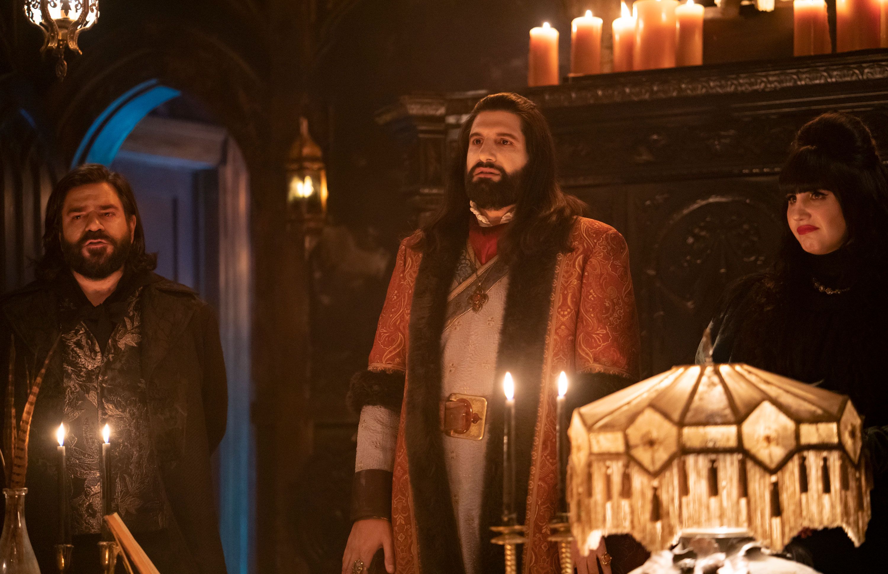 Kayvan Novak, Matt Berry and Natasia Demetriou in What We Do In The Shadows