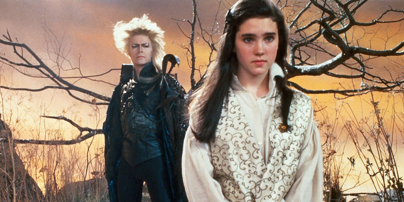 David Bowie as the Goblin King standing behind Jennifer Connelly as Sarah in Labyrinth