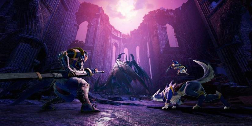 A warrior and a dog-like beast about to attack a dragon in Monster Hunter Rise