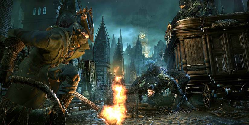 A warrior kneeling down while facing werewolves in Bloodborne