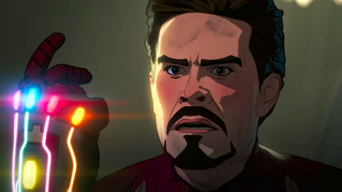 Tony Stark holding up the Infinity Gauntlet in What If...?