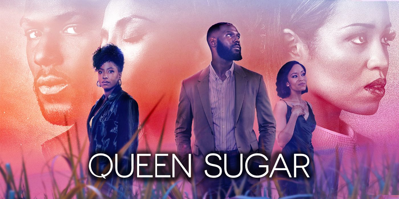 A banner for the show Queen Sugar showing three of the main characters ina  field.