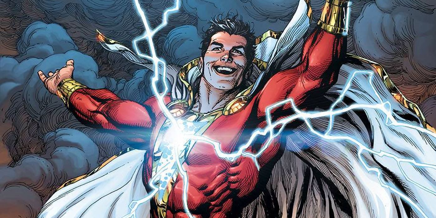 DC Comics' Shazam smiles wide as he soars with lightning sparking at the bolt on his chest.