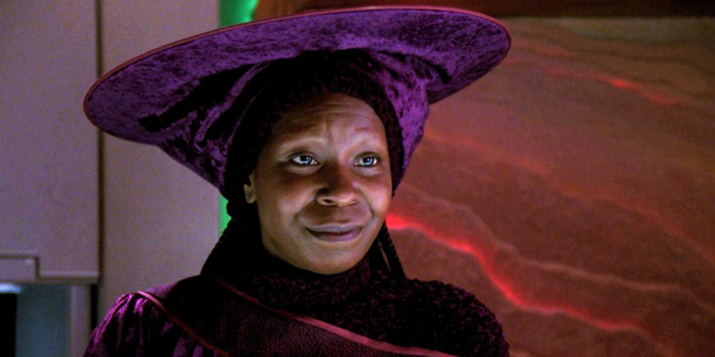 Whoopi Goldberg wearing a wide brimmed hat as Guinan in Star Trek: The Next Generation