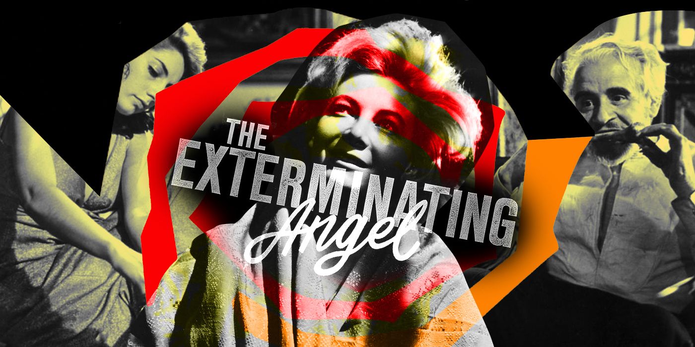 Blended image of the logo of the film Exterminating Angel with characters from the film.