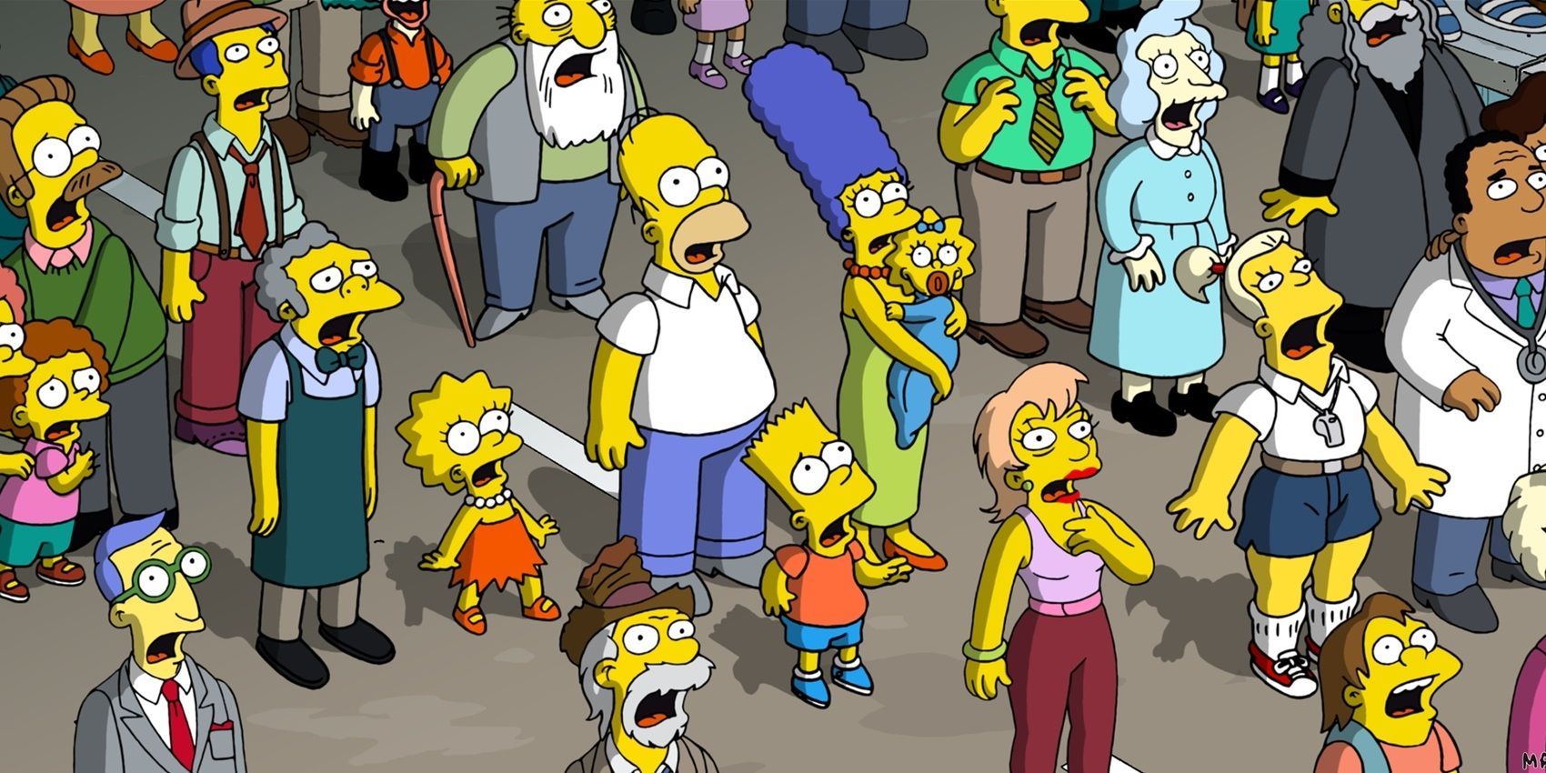 The citizens of Springfield look on in horror in The Simpsons Movie