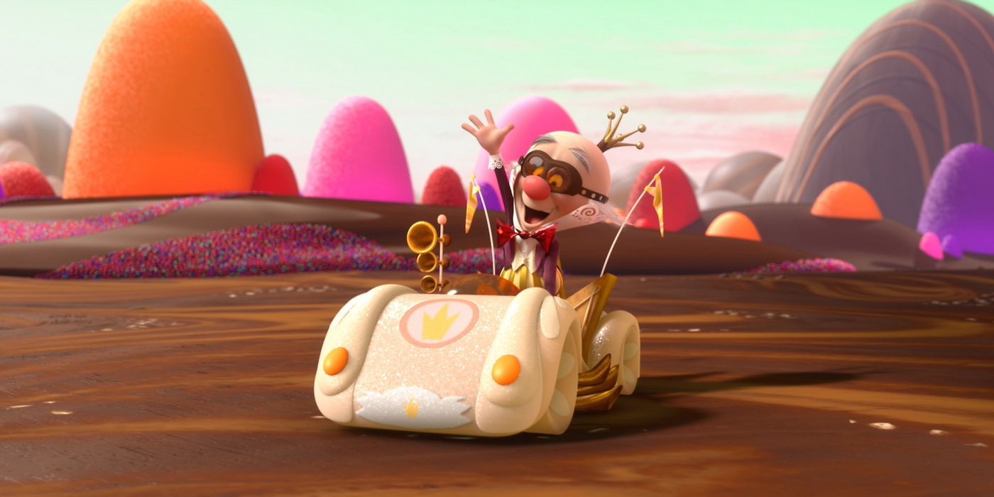 Alan Tudyk as King Candy driving on a chocolate river in Wreck-It Ralph