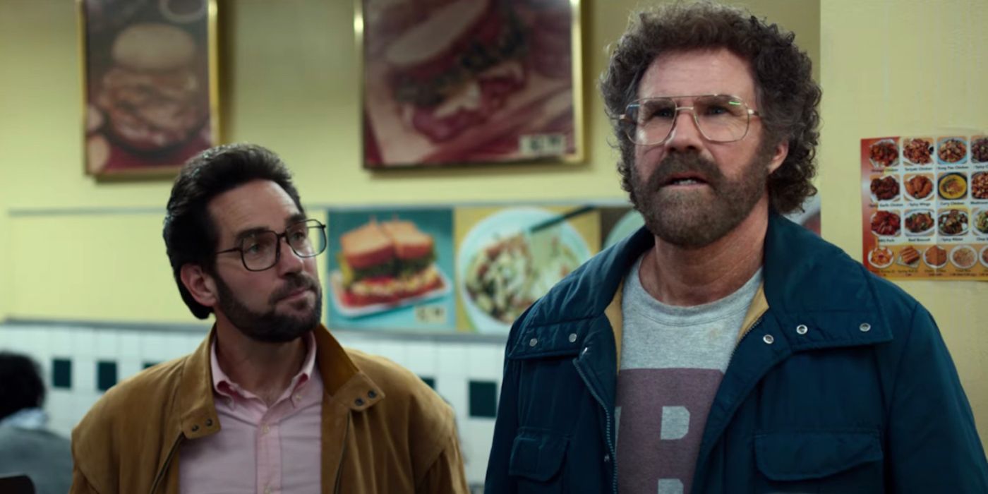 Paul Rudd and Will Ferrell standing together in a diner in a scene from The Shrink Next Door.