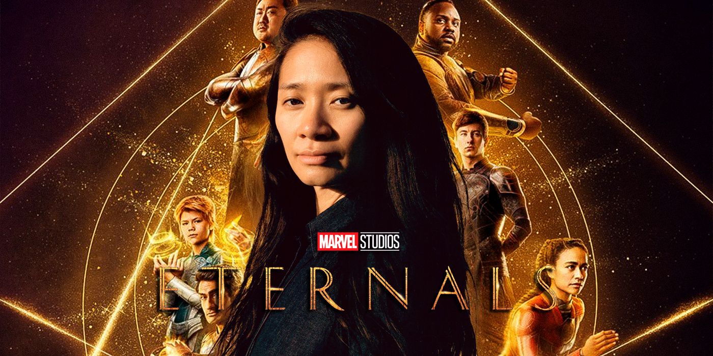 Blended image showing Chloé Zhao and a poster for Eternals.