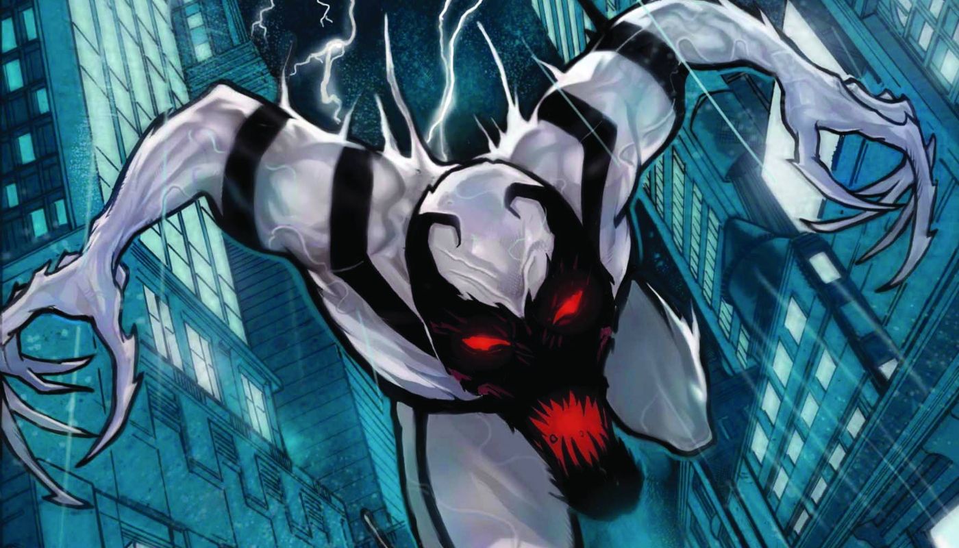 Marvel's Symbiote Anti-Venom swinging through a city