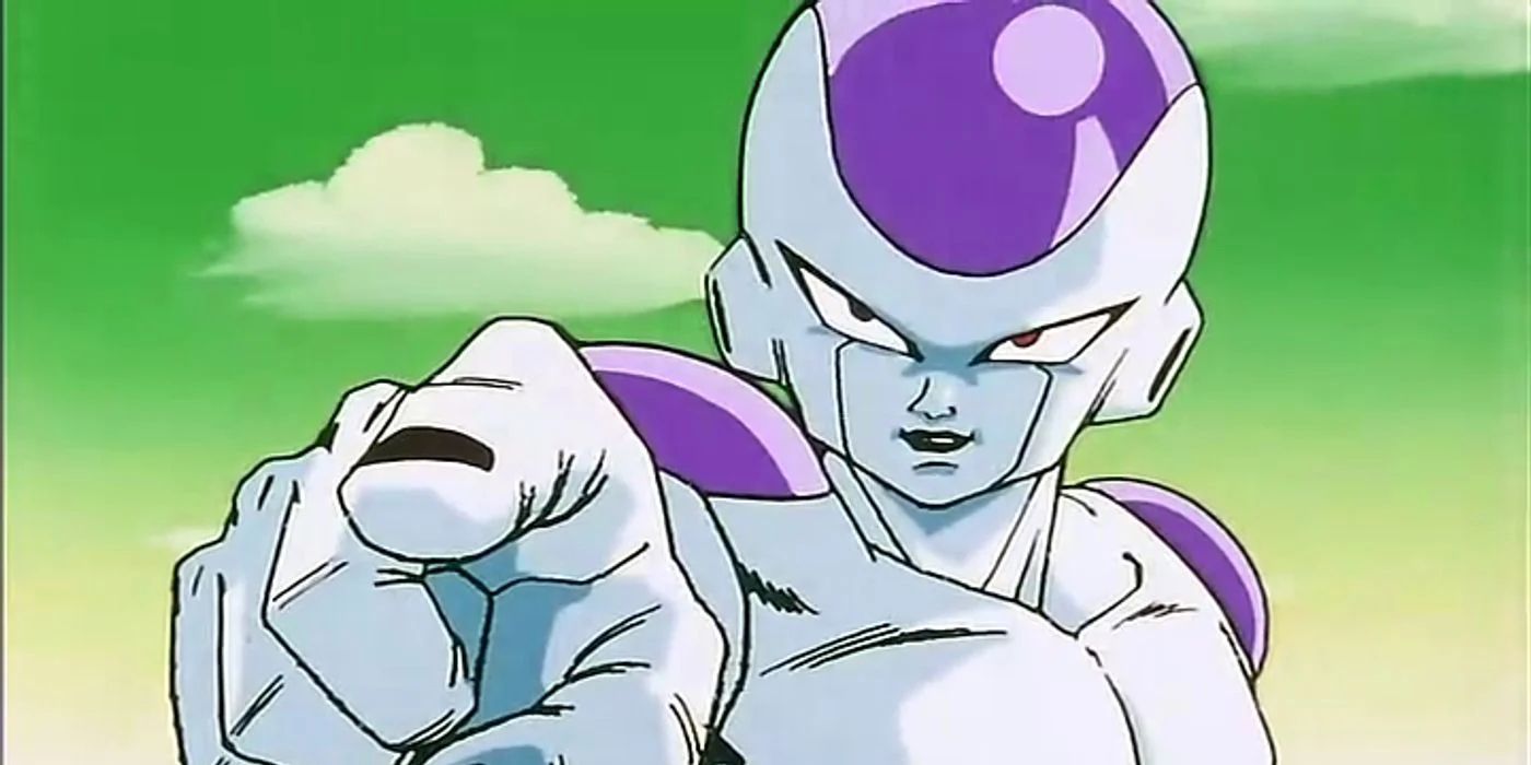 Frieza smiling while pointing at someone in Dragon Ball Z.