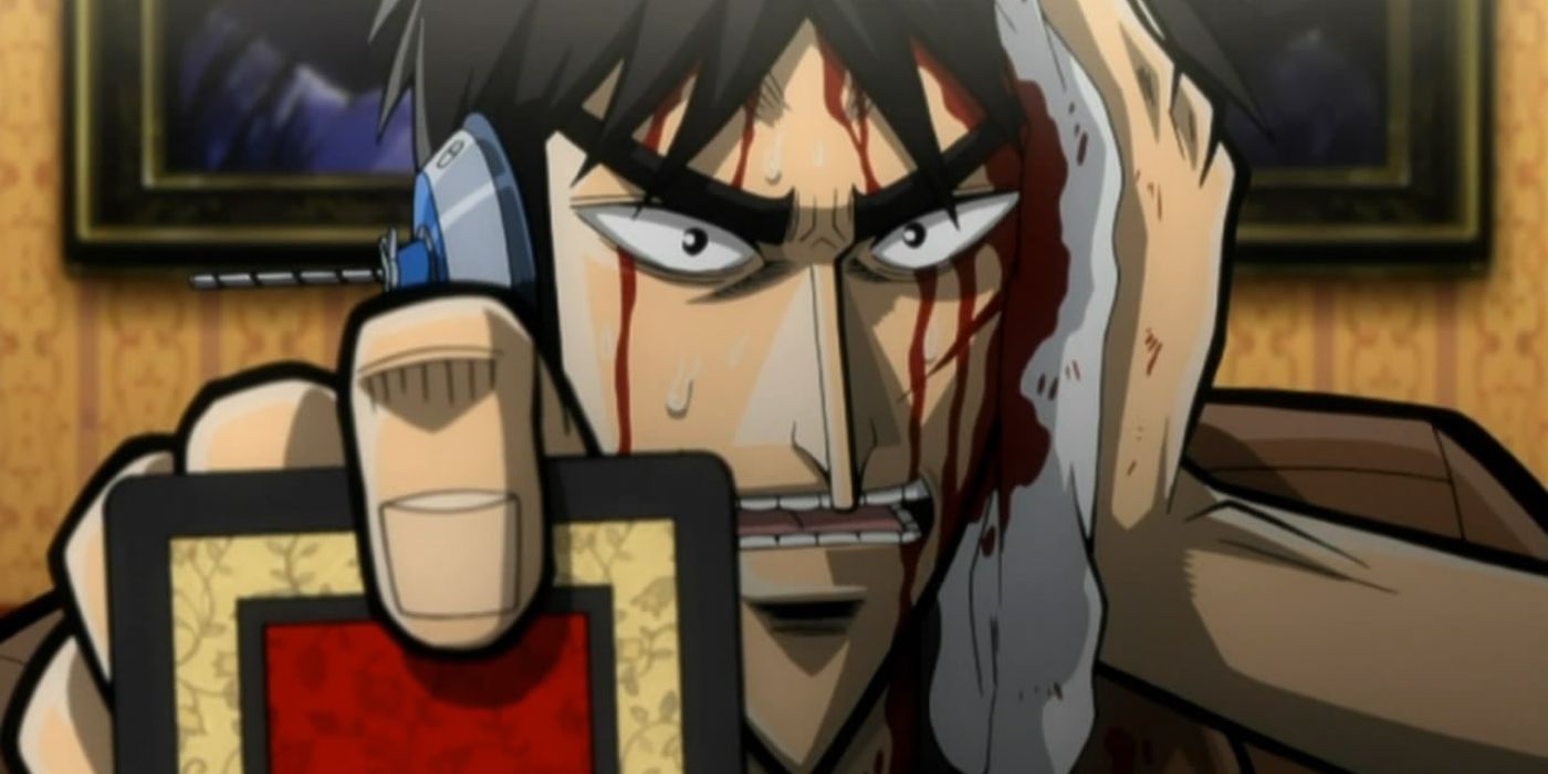 A man bleeding from the ear holding a card to the camera in Kaiji