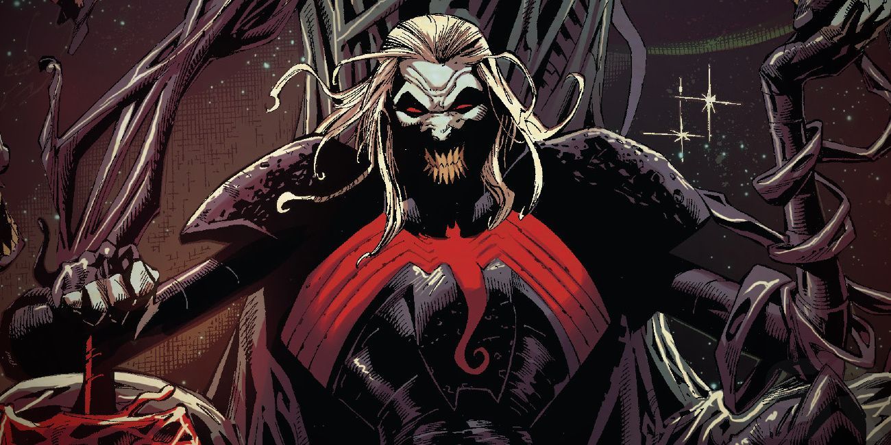 Marvel's symbiote God known as Knull sitting on his throne