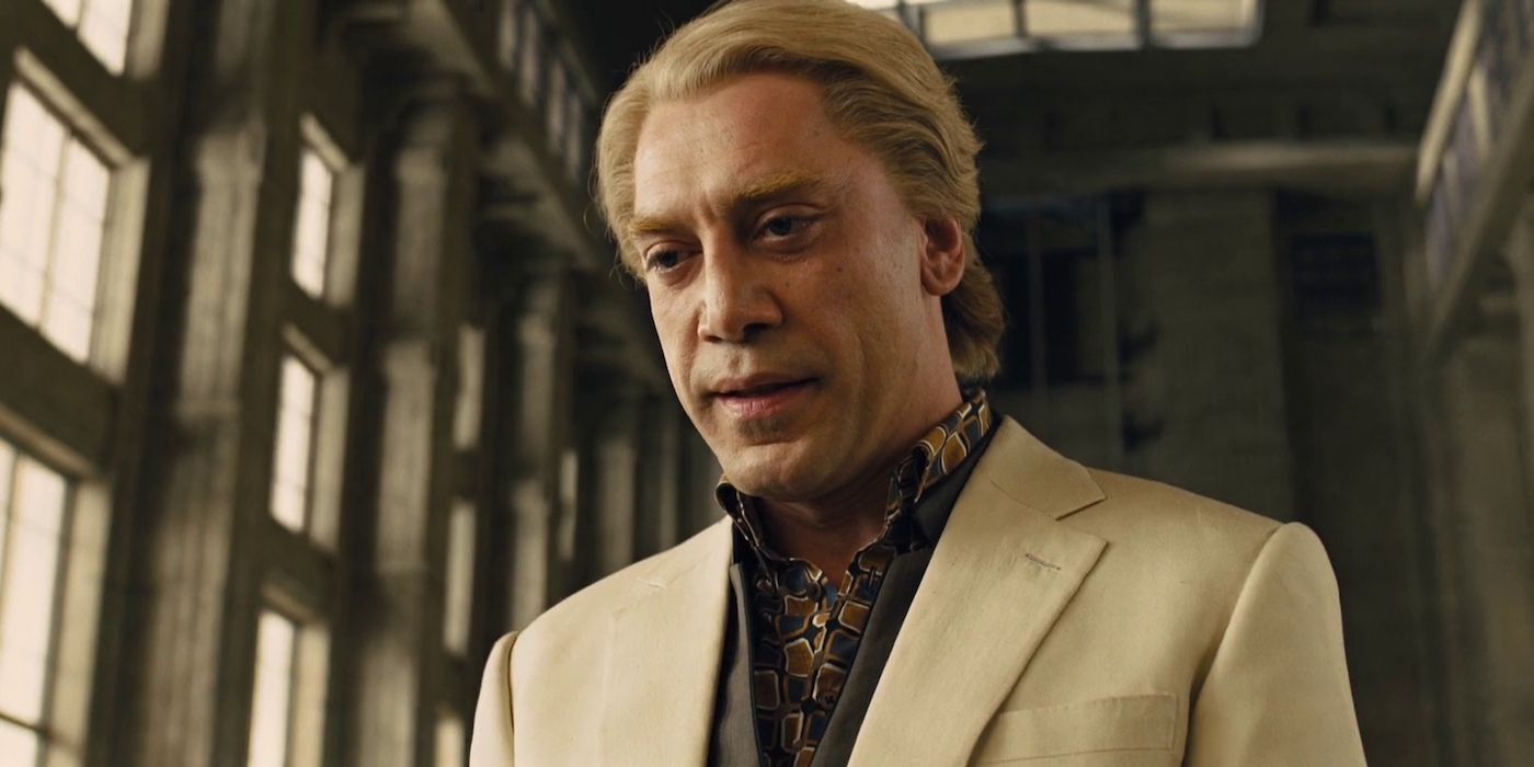 Raoul Silva looking down at someone off-camera in Skyfall.