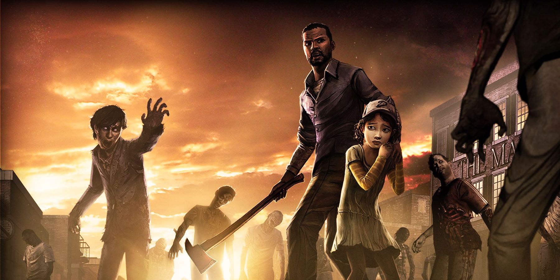 Lee and Clementine amongst a horde of zombies in The Walking Dead
