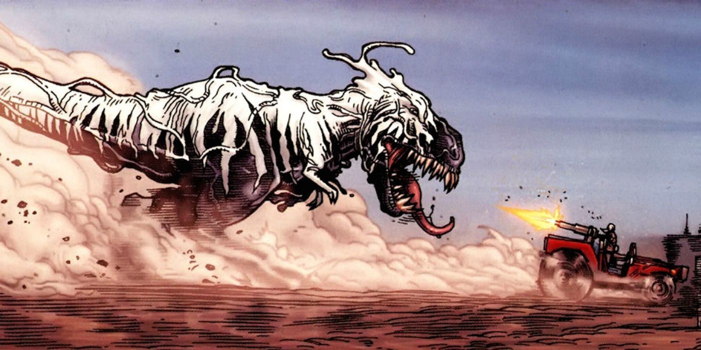 Marvel's Venomsaurus T-Rex chasing a car through the desert