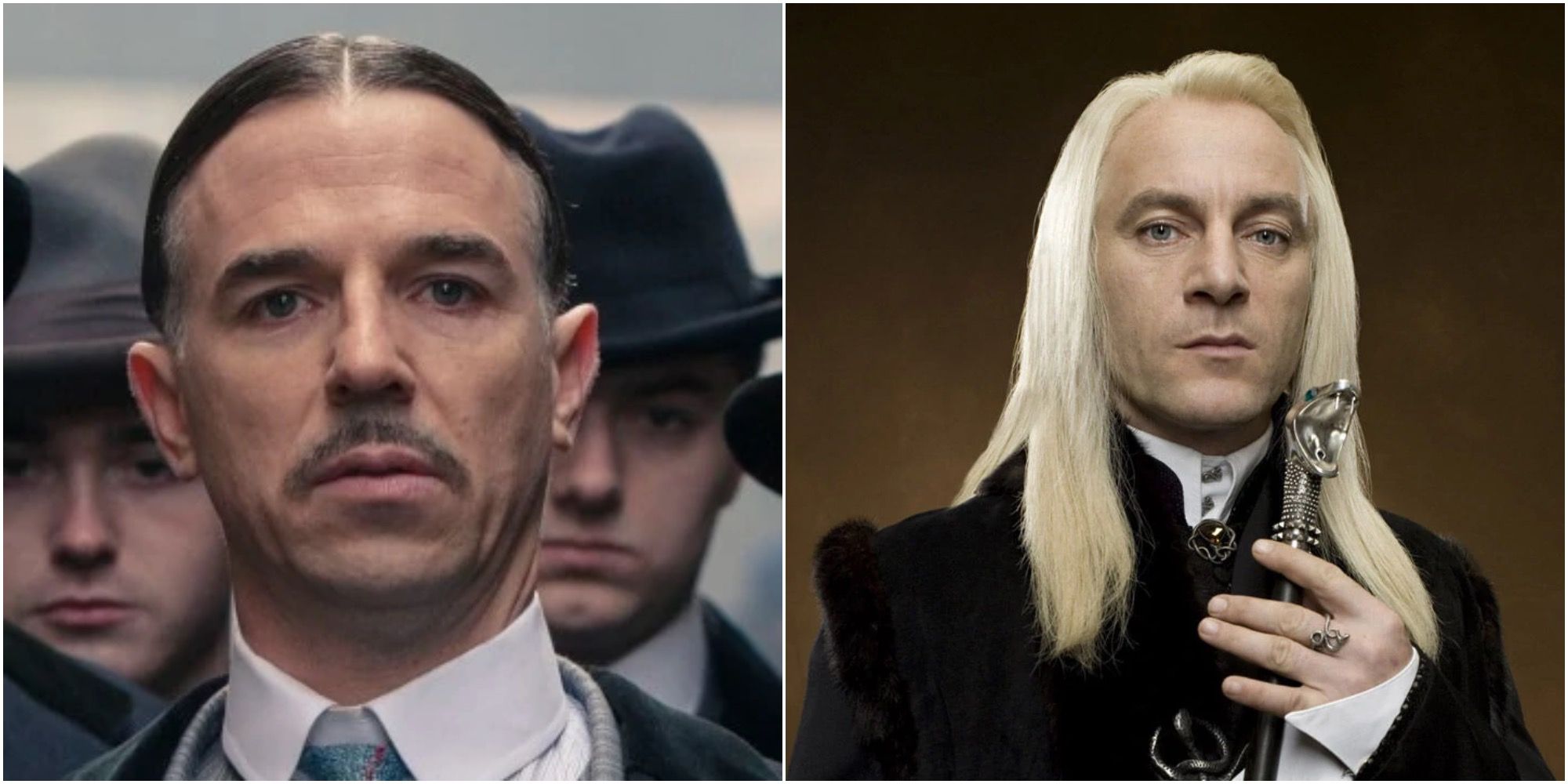 Split image of Billy Kimber (Peaky Blinders) and Lucius Malfoy (Harry Potter)