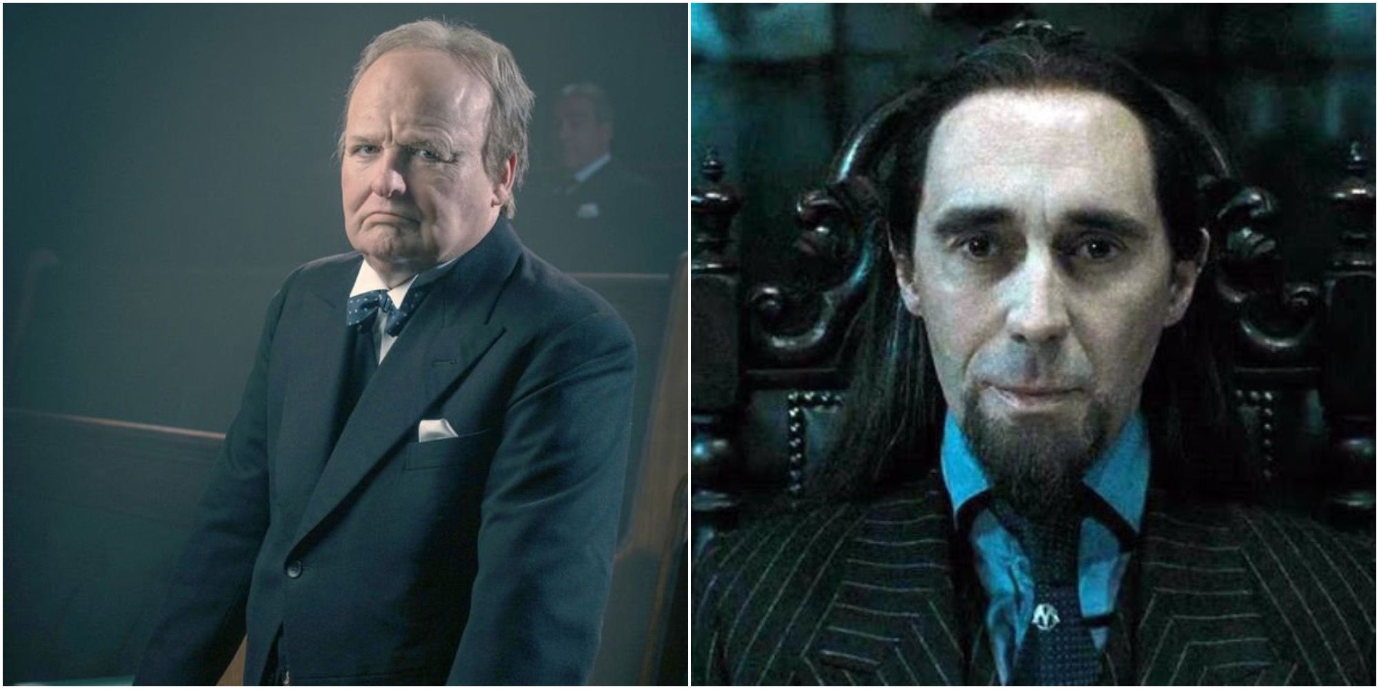 Split image of Winston Churchill (Peaky Blinders) and Pius Thicknesse (Harry Potter)