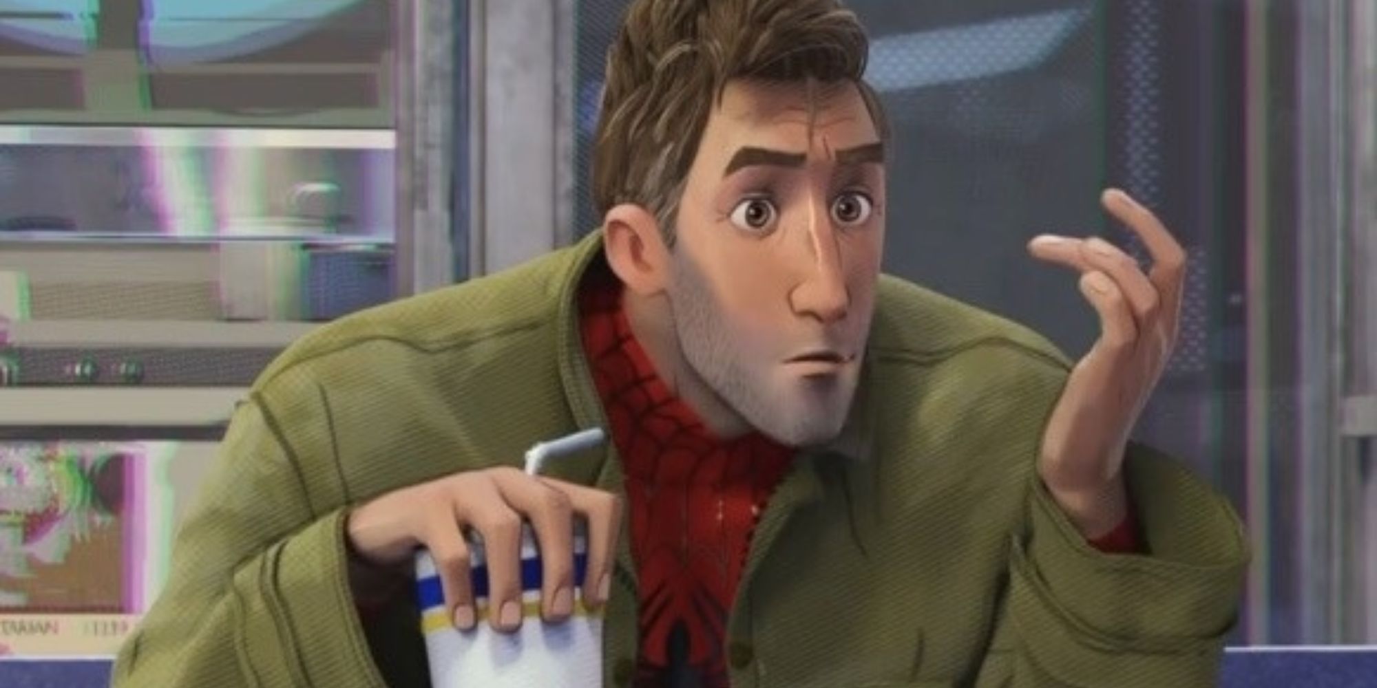 Peter B. Parker looking confused while holding a soda in Spider-Man: Into the Spider-Verse